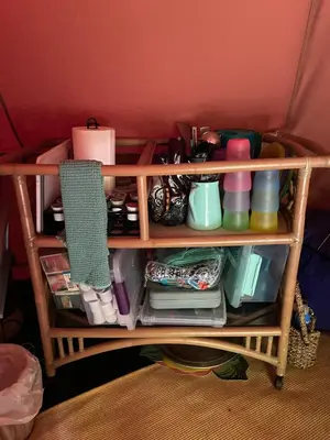 a wooden shelf with cups and other items on it at Romantic Botanical Bell Tent for a Fantastic Glamping Experience in Southbury, Connecticut in Southbury