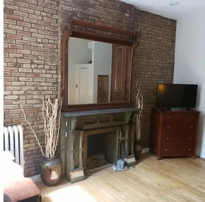 a living room with a fireplace and a mirror at Great Looking Studio Apartment in New York
