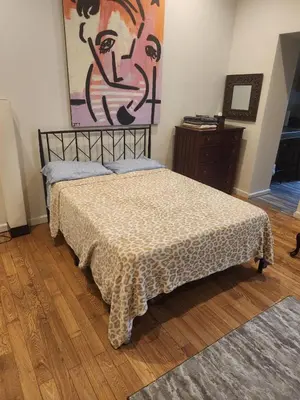 a bedroom with a bed and a painting on the wall at Great Looking Studio Apartment in New York