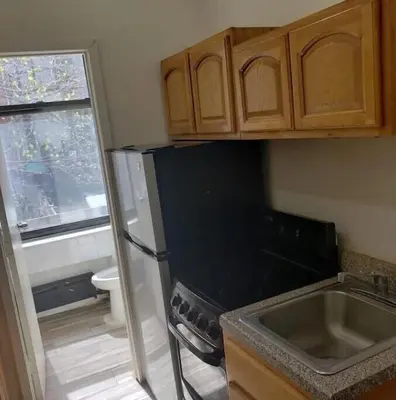 a kitchen with a stainless steel refrigerator and a sink at Great Looking Studio Apartment in New York