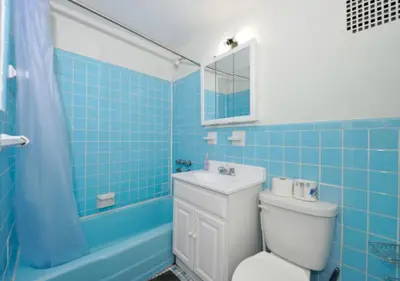 a blue bathroom with a toilet and a sink and a tub at Upper E Side Spacious Studio! in New York
