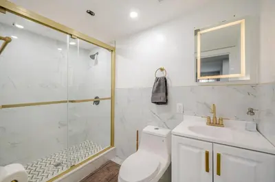 a bathroom with a shower and a toilet and a sink at 2 Bed Apt in BlackRock by beach in Bridgeport