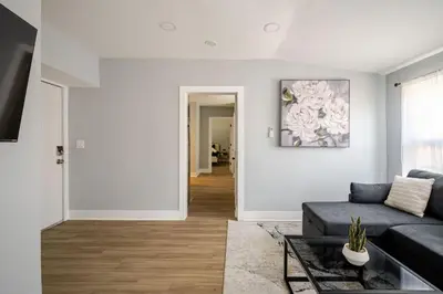 a living room with a couch and a painting on the wall at Lrg 2 Bedroom apart in BlackRock in Bridgeport