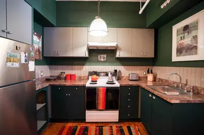 a kitchen with green walls and a stove and a sink at Artistic Vintage Loft in Williamsburg in Brooklyn