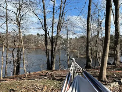 a hammock with a view of a river and trees at Room in Lake Home - 2BR 1BA Kitchenette in Greenwich