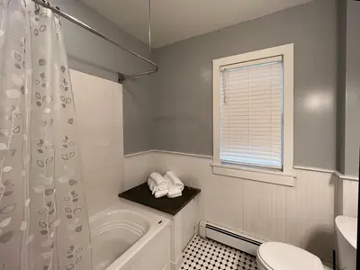 a bathroom with a tub and a toilet and a shower at Phoenicia Bungalow in Phoenicia