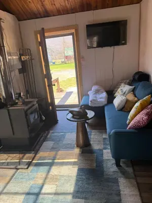 a living room with a blue couch and a tv at Tiny house of Walnut Grove in Ashland