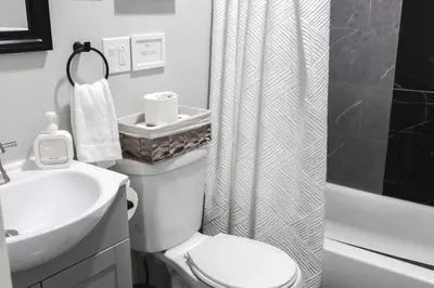 a bathroom with a toilet and a sink and a shower at 3Bed 2Bath Apt Near NYC plus Parking and Laundry in Irvington