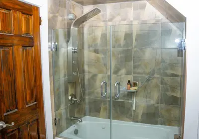 a shower with a glass door and a tub at African Oasis Luxury Inn at the Gallery in Mount Vernon