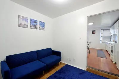 a blue couch in a living room with a blue rug at Cozy 2BR Apartment in the Heart of Chelsea in New York
