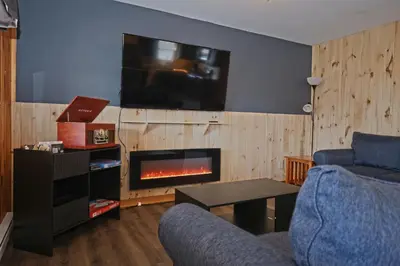 a living room with a fireplace and a tv at Private Hot tub new 2 Bedroom Home in Catskills in Elka Park