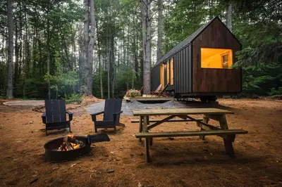 a cabin in the woods with a picnic table and chairs at Secluded, Dog Friendly Tiny House on the Hudson River, near Saratoga Springs in Corinth