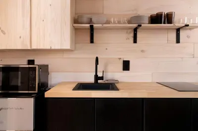 a kitchen with a sink and a microwave at Secluded, Dog Friendly Tiny House on the Hudson River, near Saratoga Springs in Corinth