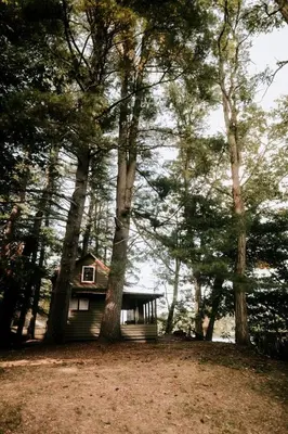 a house in the middle of a forest of trees at Rustic, Pet Friendly Cabin on the Hudson River, Perfect for a Glamping Weekend in the Adirondacks in Corinth