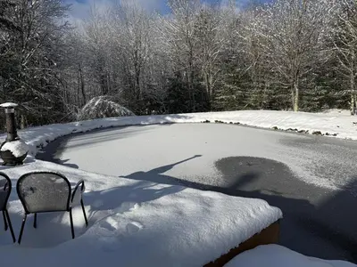 a snow covered yard with a chair in the snow at Wilderness Getaway in East Jewett