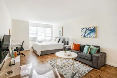 a living room with a couch and a bed at Lovely and Comfy Studio in NYC in New York