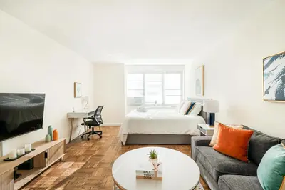 a living room with a bed and a couch at Lovely and Comfy Studio in NYC in New York