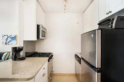a kitchen with a refrigerator and a counter top at Lovely and Comfy Studio in NYC in New York