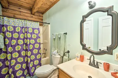 a bathroom with a toilet and a shower curtain at The Log Cabin Near Elk Mountain Ski Slopes in Pleasant Mount