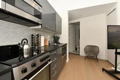 a kitchen with stainless steel appliances and a television at The Wolf of Wall Street Apartment in New York