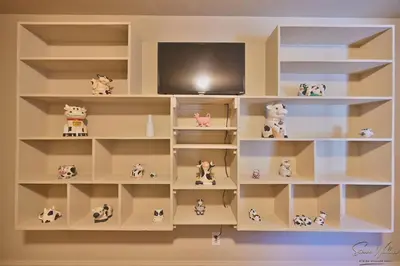 a room with shelves with stuffed animals on them at Heated Indoor Private Pool Stream Front Game Room in Cresco