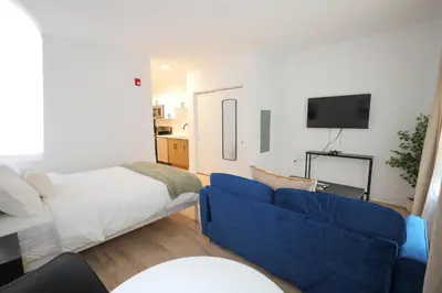 a living room with a blue couch and a bed at The Platinum Downtown Stamford Studio Getaway in Stamford