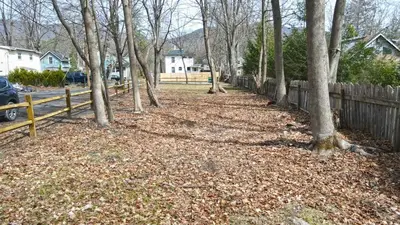 a wooden fence and trees with leaves on the ground at Renovated home seconds from town in Woodstock