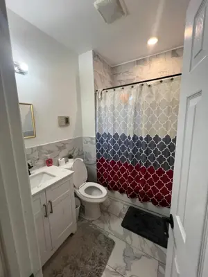 a bathroom with a toilet and a shower at Newly renovated furnished home in Newark