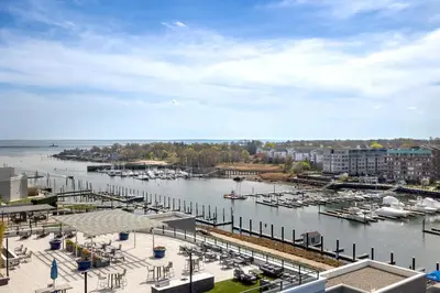 a view of a marina with boats in the water at Gorgeous Apt w Harbor Views & Gym in South End