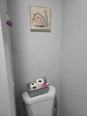 a bathroom with a toilet with a basket of toilet paper at favour family house in Newark