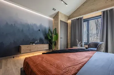 a bedroom with a large bed and a large window at Luxury 6BR Mansion - Lakefront, Sauna, Hot Tub in Scotrun