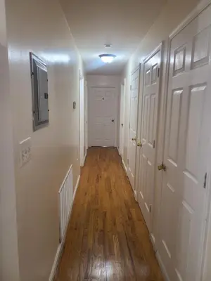 a hallway with white doors and a wooden floor at Grace Room 4 in Newark