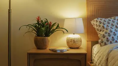 a table with a lamp and a plant on it at Interfaith 21st Street in New York