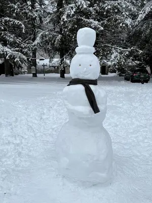 a snowman standing in the snow with a black scarf at Homey Pet-Friendly Cabin Rental for Groups in the Catskills in Big Indian
