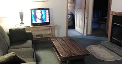 a living room with a couch and a tv at Rustic Cabin Rental for Groups near Woodstock, Upstate New York in Big Indian
