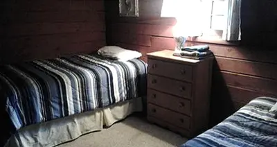 a bedroom with a bed and a dresser with a lamp at Rustic Cabin Rental for Groups near Woodstock, Upstate New York in Big Indian