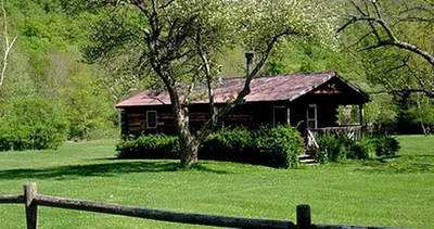 a house in a field with a tree and a fence at Rustic Cabin Rental for Groups near Woodstock, Upstate New York in Big Indian