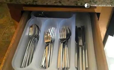 a drawer filled with forks and spoons andsilver utensils at Peaceful and Pet-Friendly Cottage Rental on Picturesque Country Estate near Black Rock State Park, Connecticut in Watertown