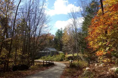 a path in the woods with a house in the background at Charming Cabin Getaway with a Wood-Burning Stove in Chesterfield, Massachusetts in Chesterfield