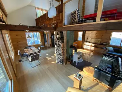 an overhead view of a living room in a cabin at Charming Cabin Getaway with a Wood-Burning Stove in Chesterfield, Massachusetts in Chesterfield