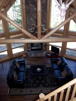 an overhead view of a living room in a cabin at Rustic Log Cabin in the Catskills, Upstate New York in Olivebridge