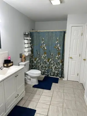 a bathroom with a toilet and a shower curtain at Newly renovated home, firepit, game room, grill in Tobyhanna