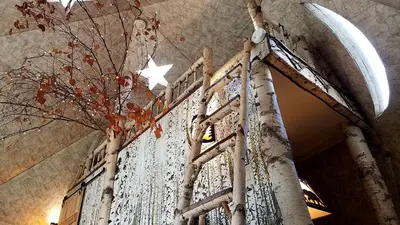 a gate in a building with a tree at Romantic Glamping Dome in the Catskill Mountains near Woodstock, New York in Hensonville