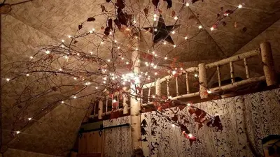 a chandelier with lights hanging from a tree at Romantic Glamping Dome in the Catskill Mountains near Woodstock, New York in Hensonville