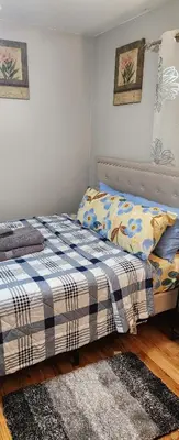 a bedroom with two beds and a rug at Happiness queen room 3 in Newark