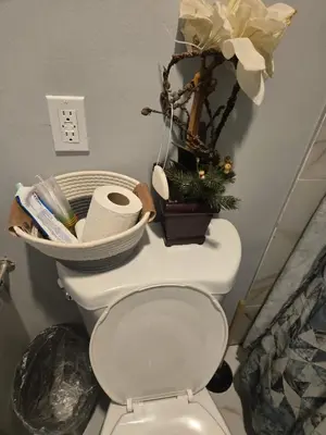 a bathroom with a toilet with a basket on top of it at Lemon king room 4 in Newark