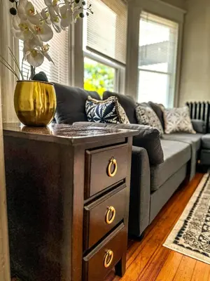 a living room with a couch and a table at The Red House Albany NY 4 Bedroom Private Apartment in Albany