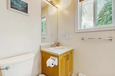 a bathroom with a white toilet and a sink at Ski Dreams in Dover