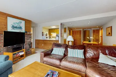 a living room with a brown leather couch and a tv at Snow Tree 337H in Dover