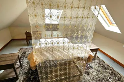 a bedroom with a bed with a net curtain at 1920s Phoenicia Bungalow with Vintage Furnishings, Sauna, Fireplace, & Fenced Backyard in Phoenicia